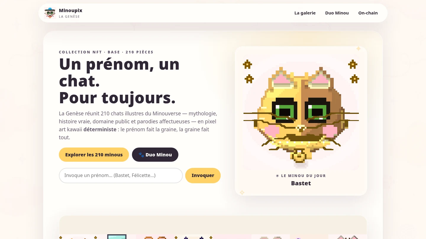 minoupix.com — the genesis home page, a grid of 210 animated pixel-art cats