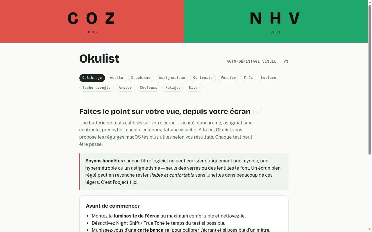 okulist screenshot — red/green duochrome test bars above the calibration screen